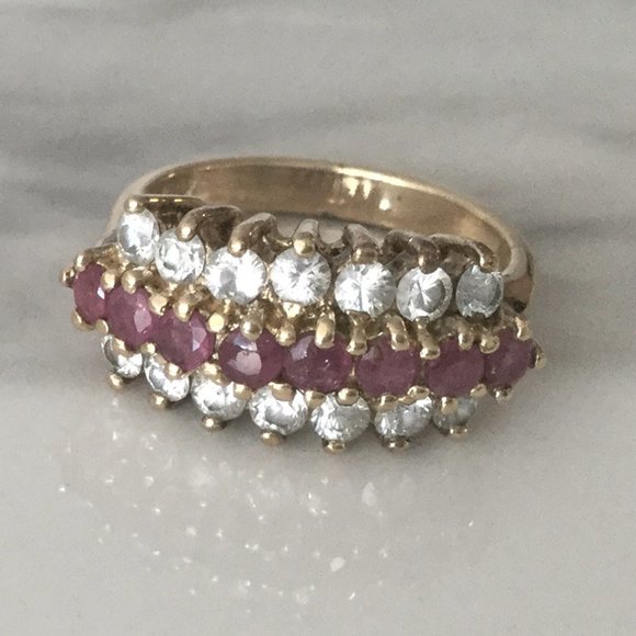 Ruby & Simulated Diamond Ring Gold Plated 925 Silver Vintage - Picture 1 of 10